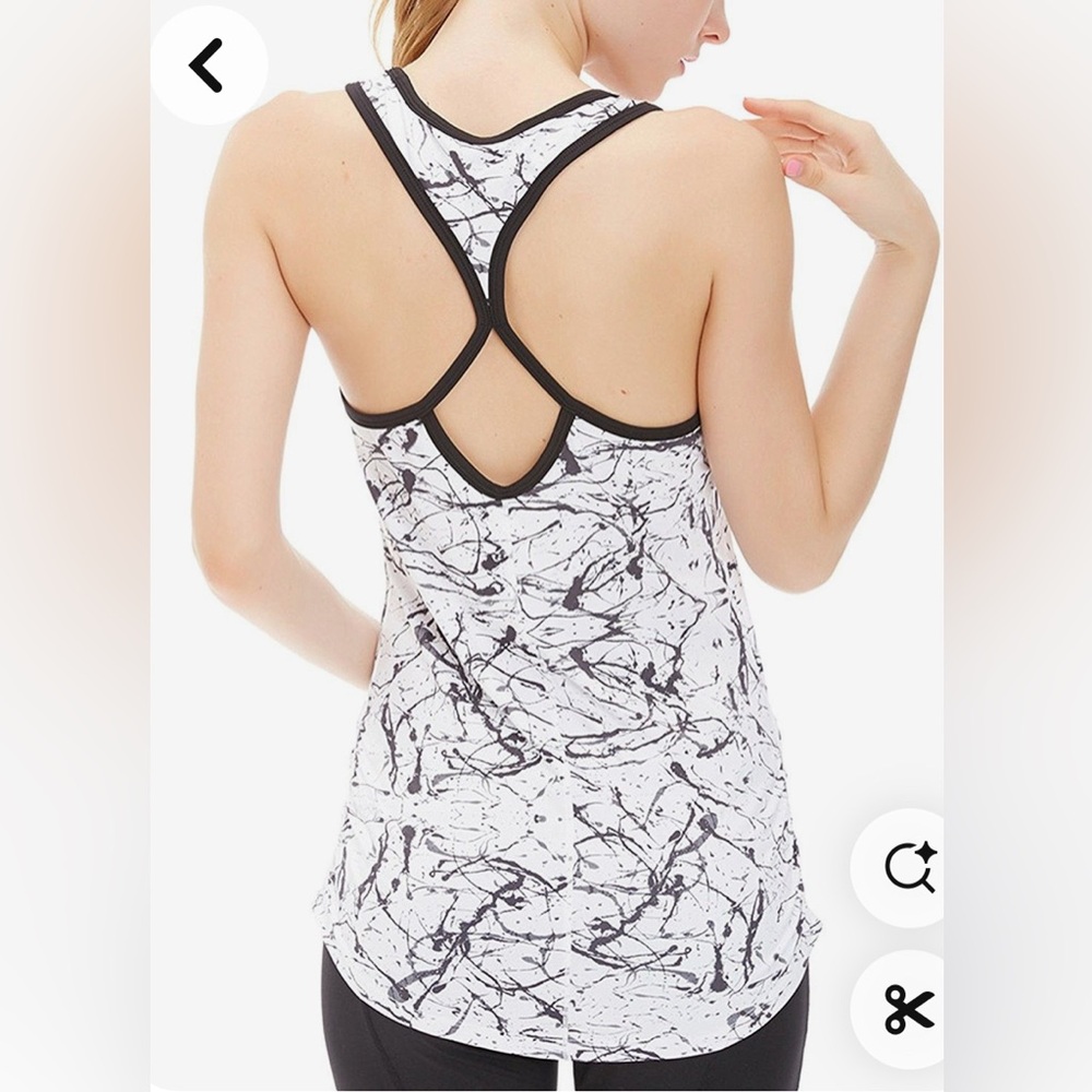 Icyzone Activewear Tank Top EUC Black White Racerback Marble Ope…